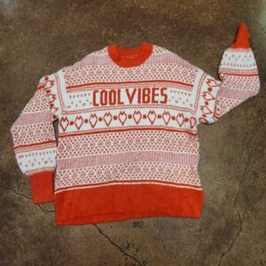 Women's Aerie Super Soft Cool Vibes Orange/Red & White Oversize Sweater Cozy XS
